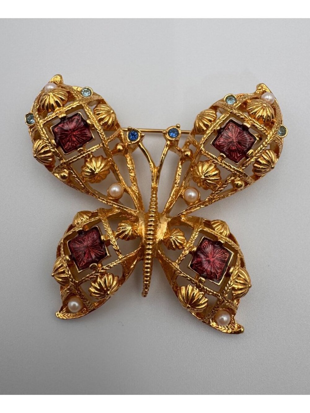 Vintage Avon Butterfly Brooch 1970s Figural Faux Pearl Rhinestone Book Piece